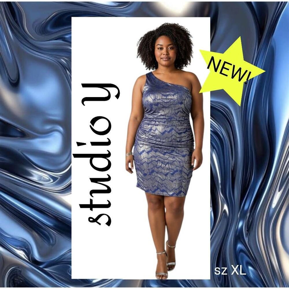 NEW! One Shoulder Metallic Silver & Blue Gathered Cocktail Evening Dress XL